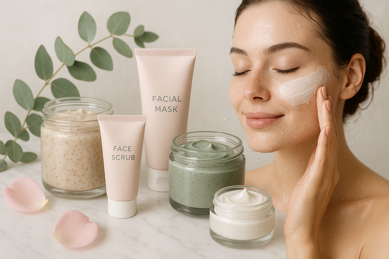 Skin care and facial products, face scrub and mask, acne free, radiant and clean skin feeling hydrated and smooth